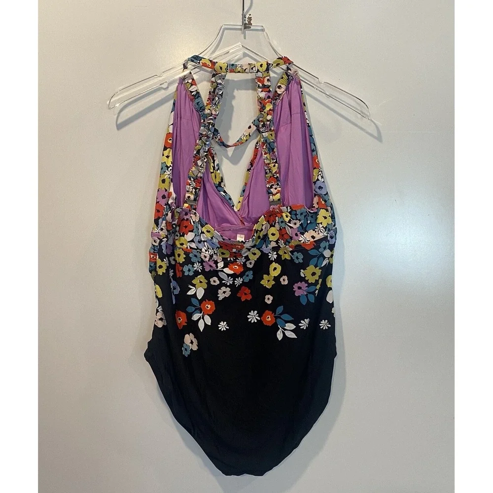 Anne Cole Floral Halter Keyhole One Piece Swimsuit Black Multi Plus Size 18W